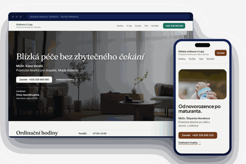 Dva ukázkové weby ordinací ze šablon Tachys Medical, jeden v počítači a jeden v mobilu